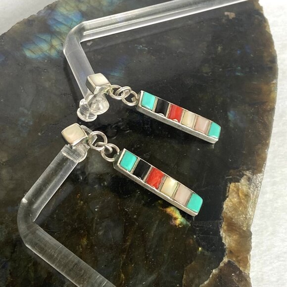 Sterling Silver 925 Multi Gemstone Turquoise Coral MOP Bar Dangle Earrings - Picture 6 of 16